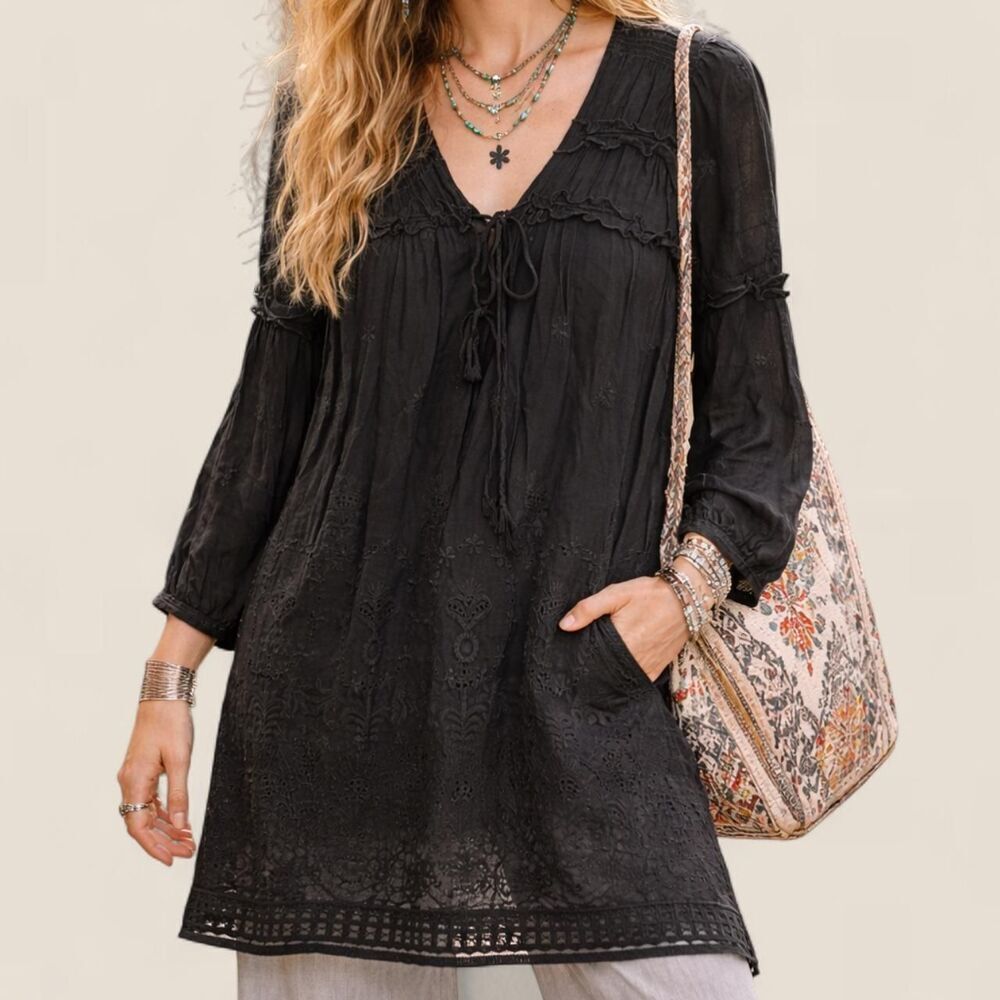 love Johnny Was black boho peasant tunic dress xs lagenlook sheer embroidered